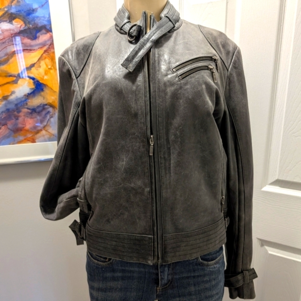 Women's Vintage Whet Blu Distressed Gray Moto/Biker Jacket-Size L